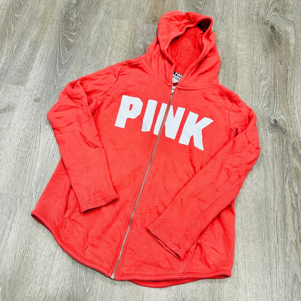 Victoria's Secret PINK Sweater Womens Small Coral Full Zip Hoodie Sweatshirt